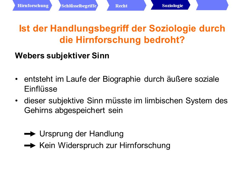 Hirnforschung Recht. Schlüsselbegriffe. Soziologie. Ist der Handlungsbegriff der Soziologie durch die Hirnforschung bedroht