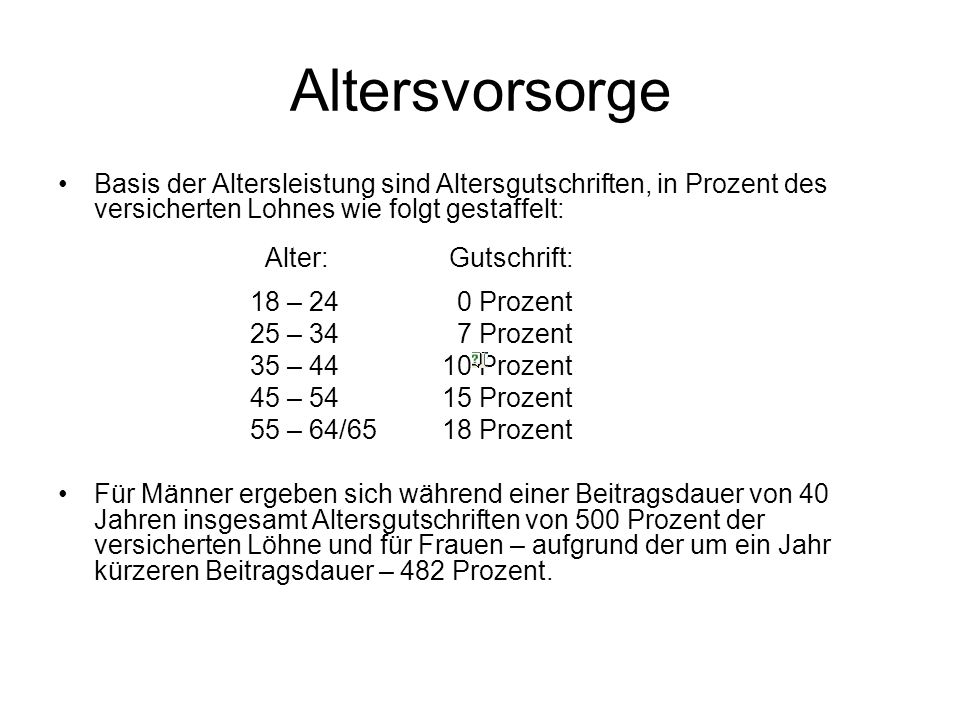 Altersvorsorge Basis der Altersleistung sind Altersgutschriften, in Prozent des versicherten Lohnes wie folgt gestaffelt: