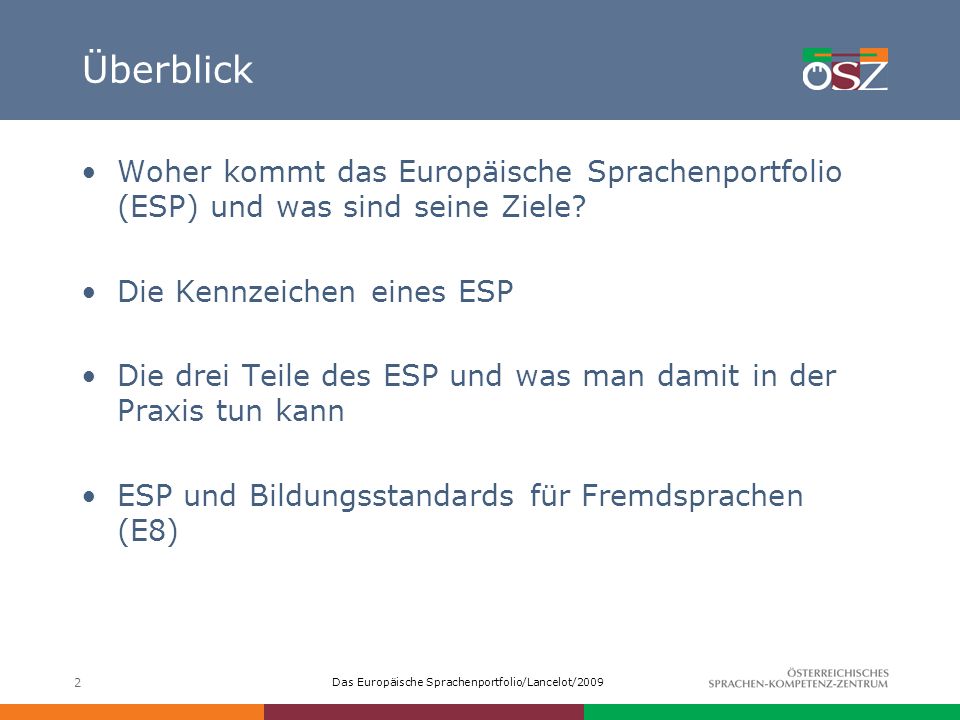 Überblick Woher kommt das Europäische Sprachenportfolio (ESP) und was sind seine Ziele Die Kennzeichen eines ESP.