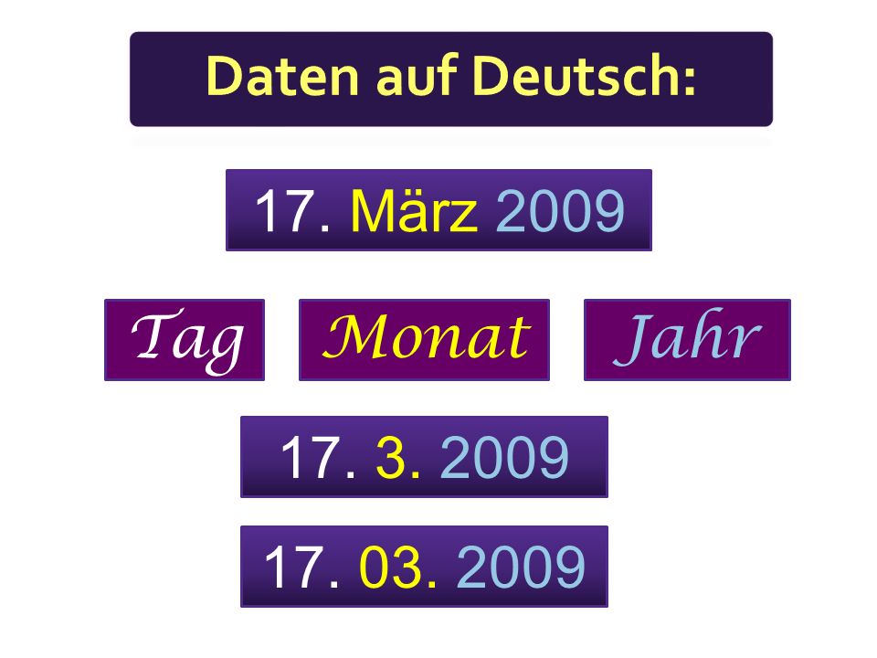 Daten auf Deutsch: 17. März 2009 Tag Monat Jahr