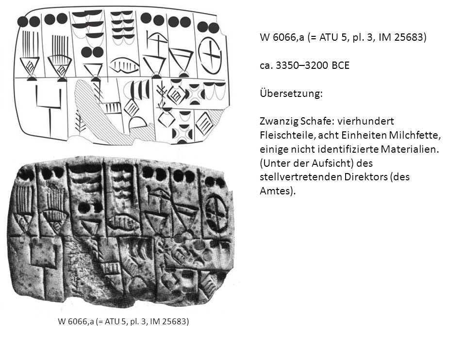 W 6066,a (= ATU 5, pl. 3, IM 25683) ca. 3350–3200 BCE Übersetzung: