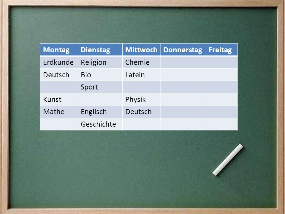 Montag Dienstag. Mittwoch. Donnerstag. Freitag. Erdkunde. Religion. Chemie. Deutsch. Bio. Latein.