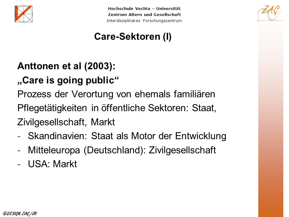 Care-Sektoren (I) Anttonen et al (2003): „Care is going public Prozess der Verortung von ehemals familiären.