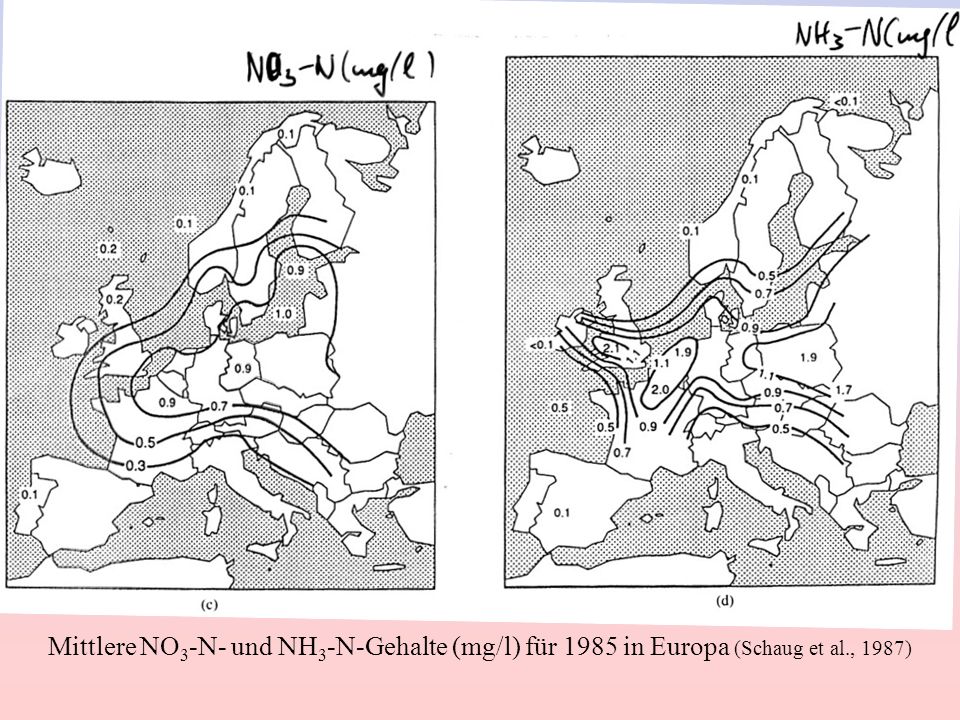 Mittlere NO3-N- und NH3-N-Gehalte (mg/l) für 1985 in Europa (Schaug et al., 1987)