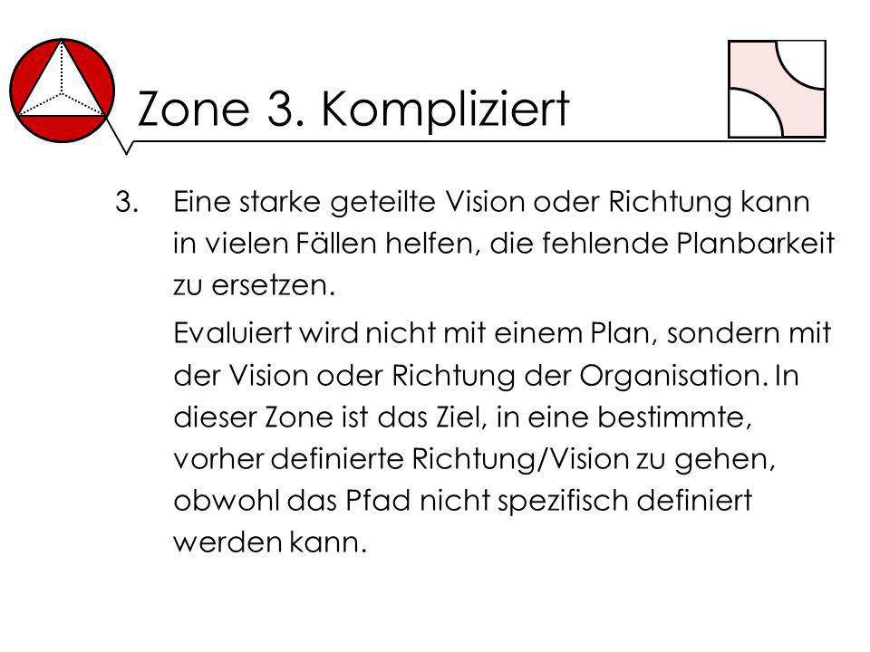 Zone 3. Kompliziert Eine starke geteilte Vision oder Richtung kann in vielen Fällen helfen, die fehlende Planbarkeit zu ersetzen.