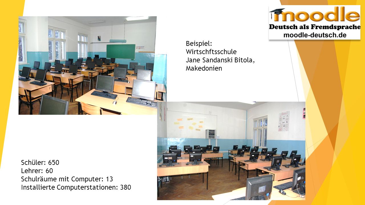 Beispiel: Wirtschftsschule. Jane Sandanski Bitola, Makedonien. Schüler: 650. Lehrer: 60. Schulräume mit Computer: 13.