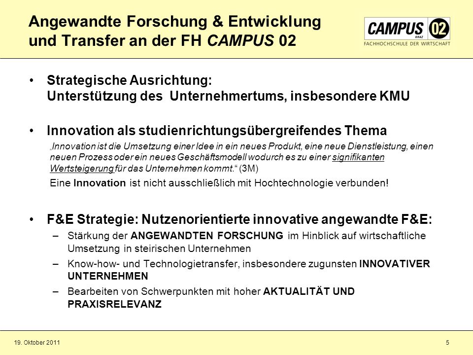 Angewandte Forschung & Entwicklung und Transfer an der FH CAMPUS 02