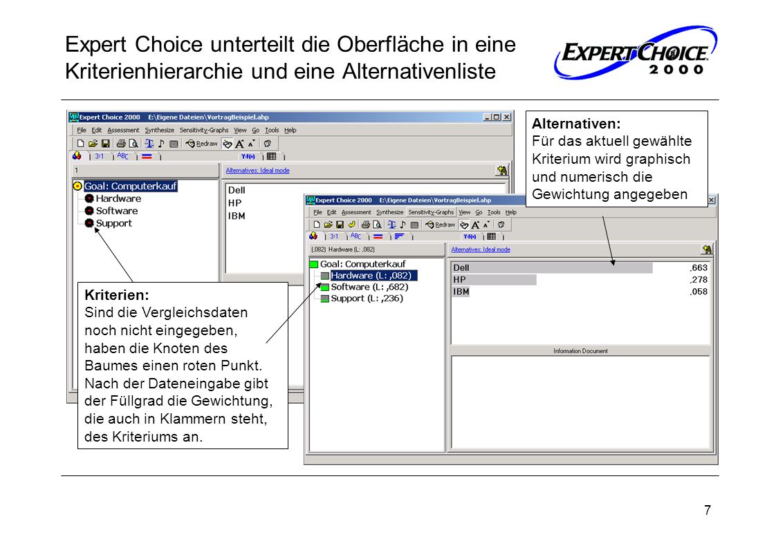 Expert Choice unterteilt die Oberfläche in eine Kriterienhierarchie und eine Alternativenliste
