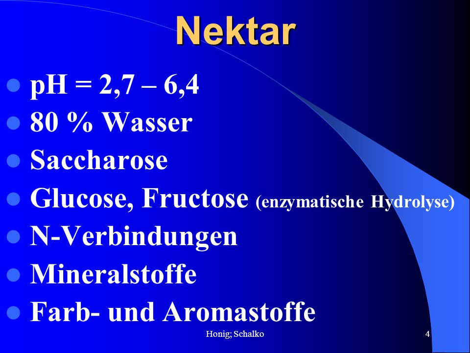Nektar pH = 2,7 – 6,4 80 % Wasser Saccharose