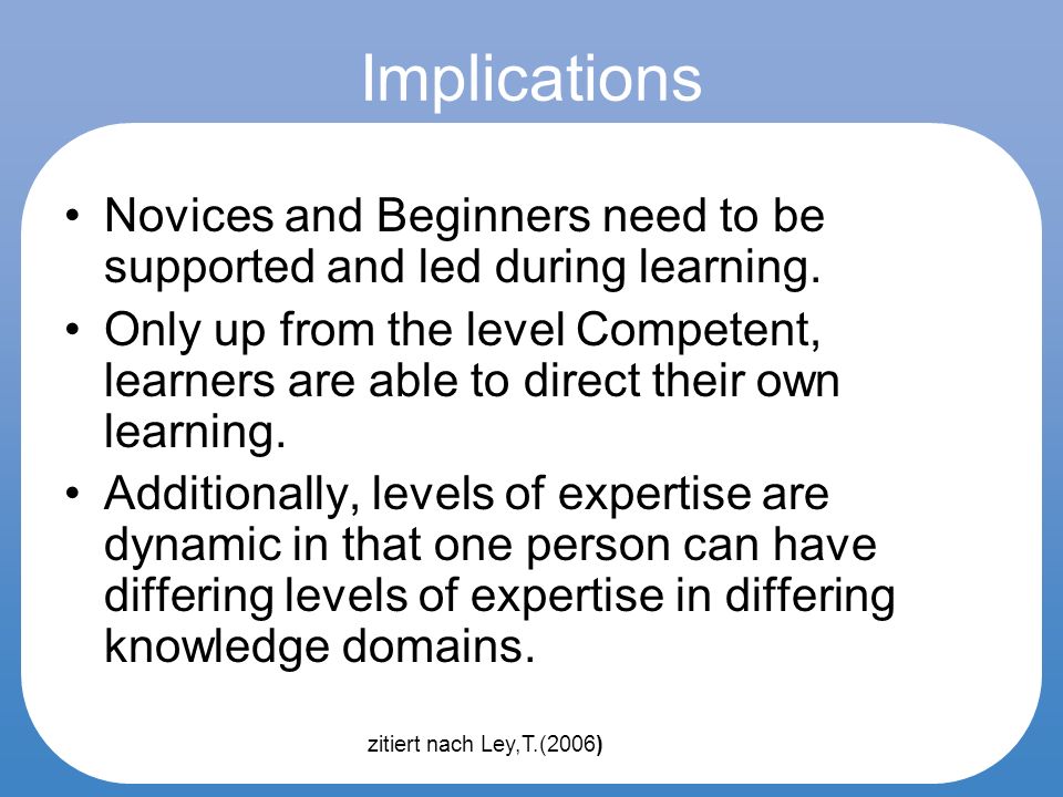 Implications Novices and Beginners need to be supported and led during learning.