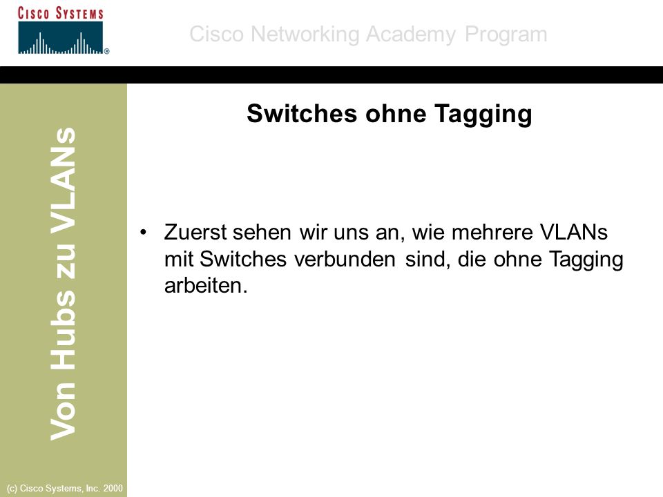 Switches ohne Tagging Zuerst sehen wir uns an, wie mehrere VLANs mit Switches verbunden sind, die ohne Tagging arbeiten.