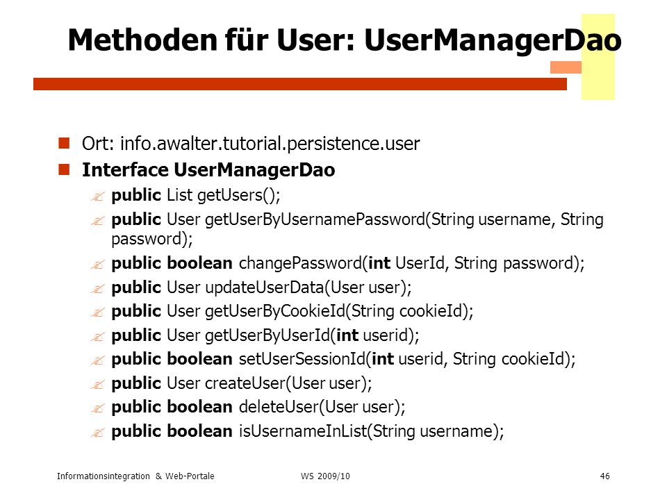 Methoden für User: UserManagerDao