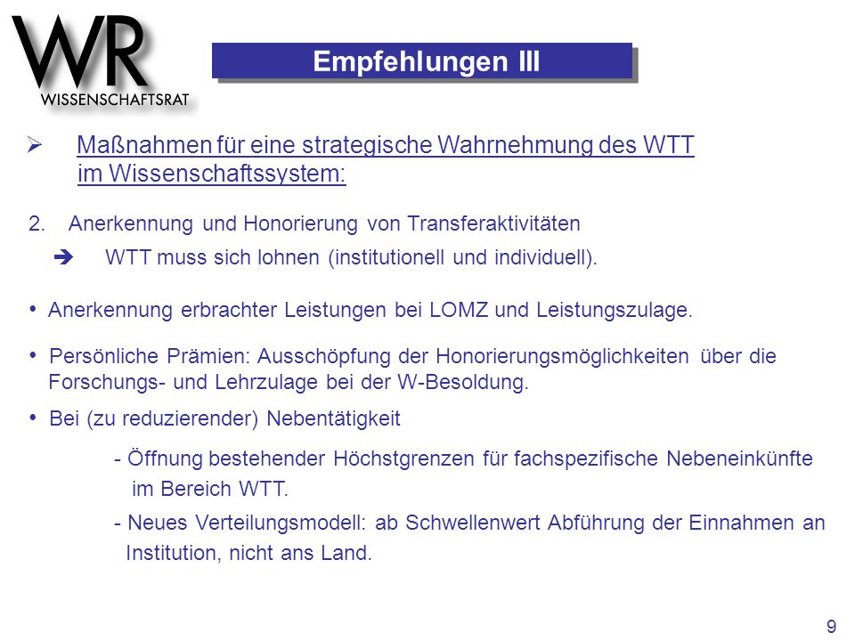 Empfehlungen III  Maßnahmen für eine strategische Wahrnehmung des WTT