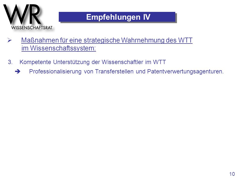 Empfehlungen IV  Maßnahmen für eine strategische Wahrnehmung des WTT