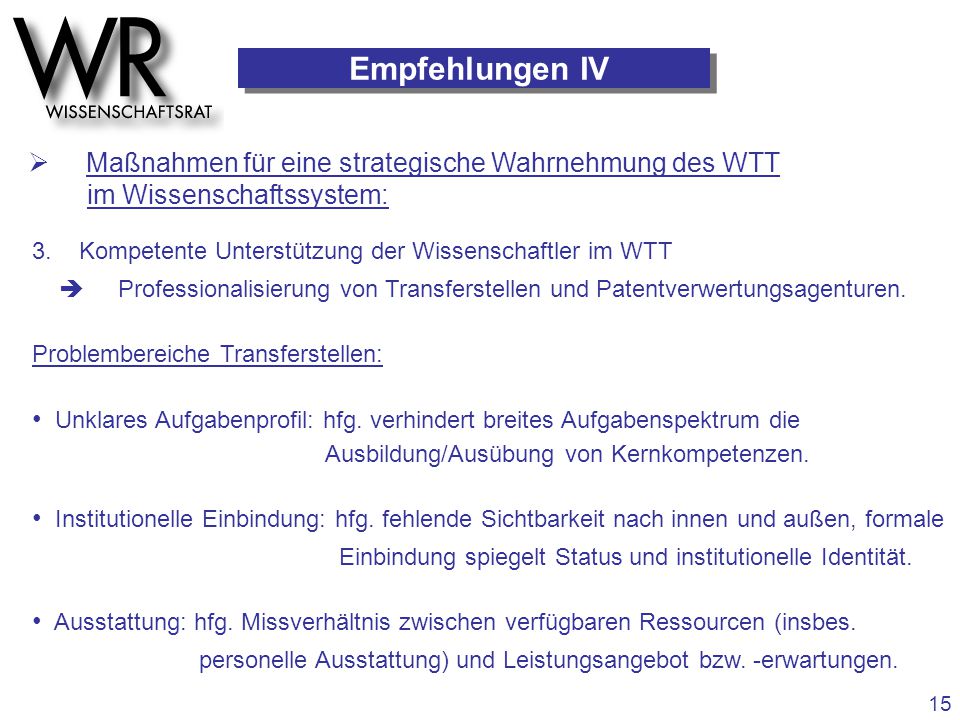 Empfehlungen IV  Maßnahmen für eine strategische Wahrnehmung des WTT