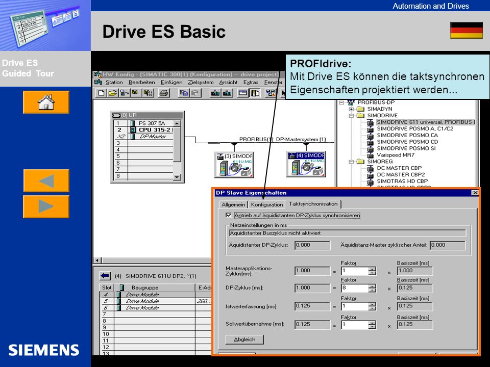 PROFIdrive: Mit Drive ES können die taktsynchronen Eigenschaften projektiert werden...