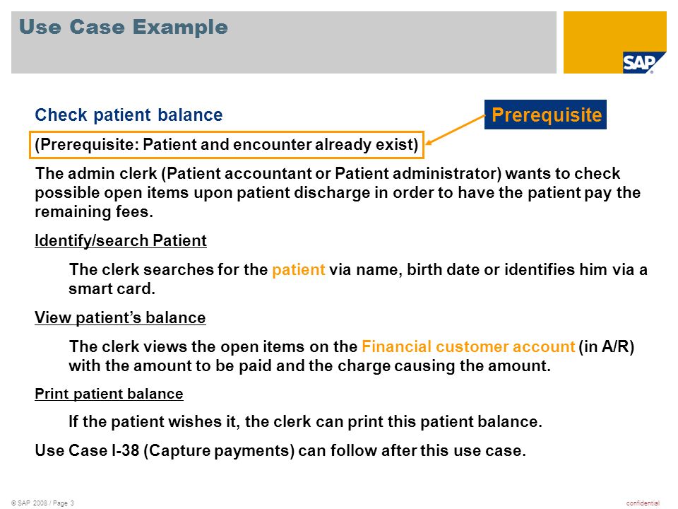 Use Case Example Prerequisite Check patient balance