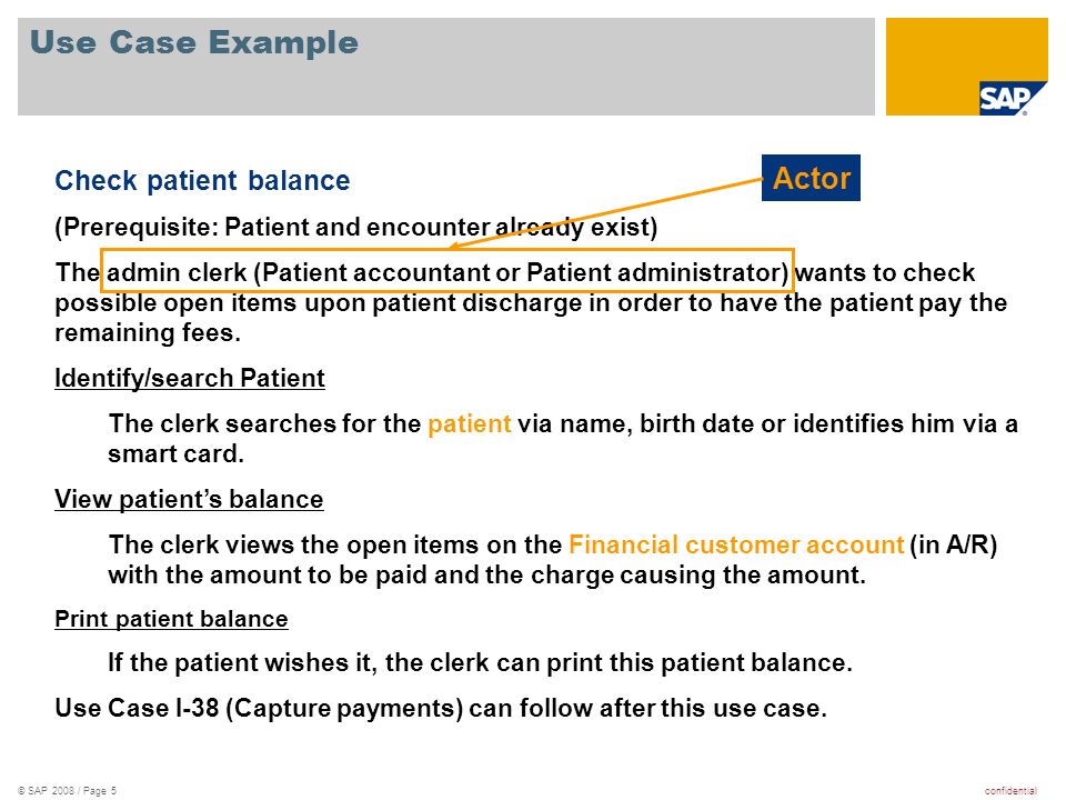 Use Case Example Actor Check patient balance