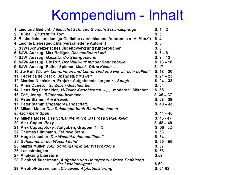 Kompendium - Inhalt 1. Lied und Gedicht: Alles fährt Schi und S erscht Schanzispringe S. 1 – Fuβball: Er steht im Tor* S. 3.