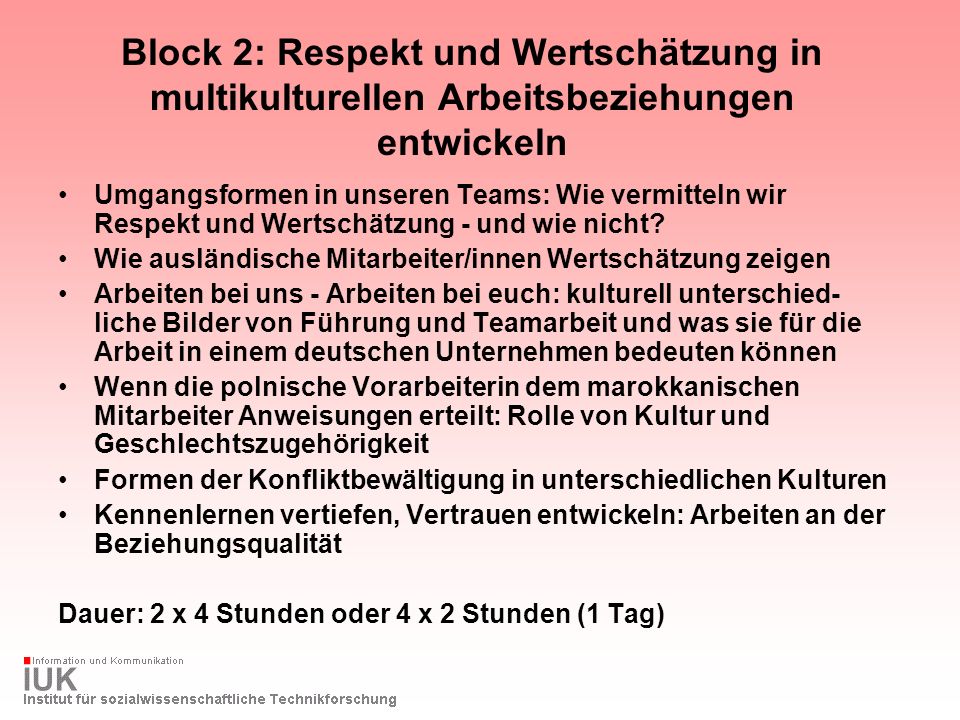 Block 2: Respekt und Wertschätzung in multikulturellen Arbeitsbeziehungen entwickeln