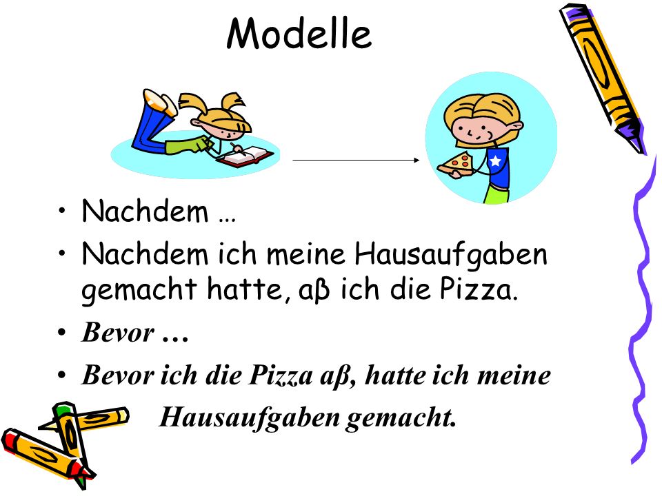 Modelle Nachdem … Nachdem ich meine Hausaufgaben gemacht hatte, aβ ich die Pizza. Bevor … Bevor ich die Pizza aβ, hatte ich meine.