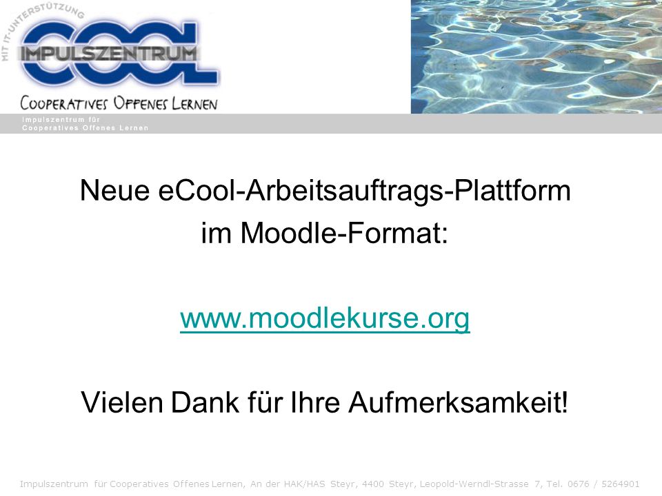 Neue eCool-Arbeitsauftrags-Plattform im Moodle-Format: