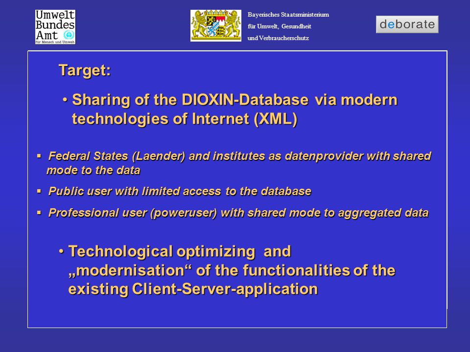 Target: Sharing of the DIOXIN-Database via modern technologies of Internet (XML)