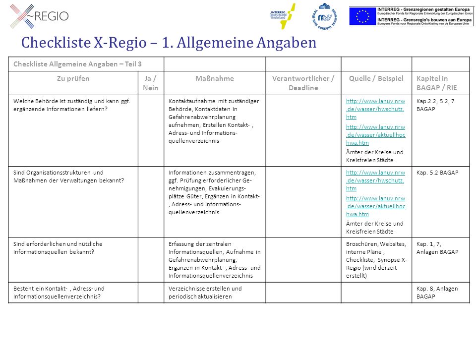 Checkliste X-Regio – 1. Allgemeine Angaben