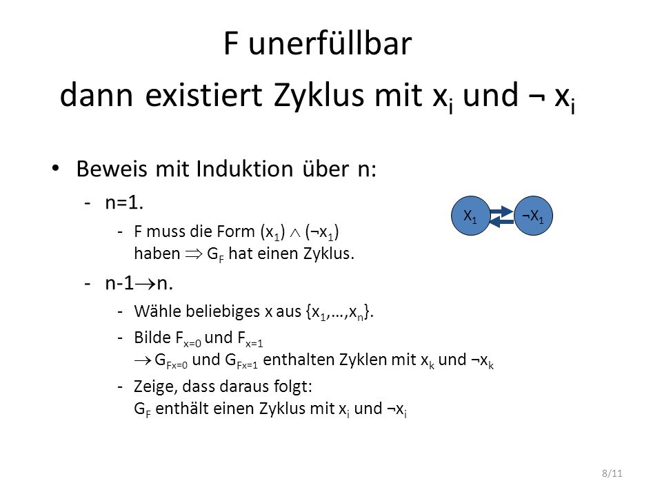 F unerfüllbar dann existiert Zyklus mit xi und ¬ xi