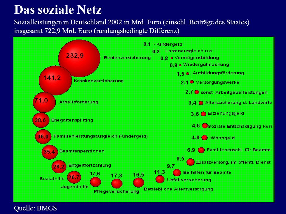 Das soziale Netz Sozialleistungen in Deutschland 2002 in Mrd. Euro (einschl. Beiträge des Staates)