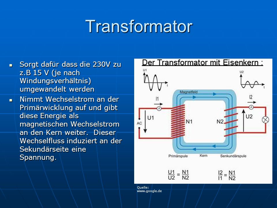 Transformator Sorgt dafür dass die 230V zu z.B 15 V (je nach Windungsverhältnis) umgewandelt werden.