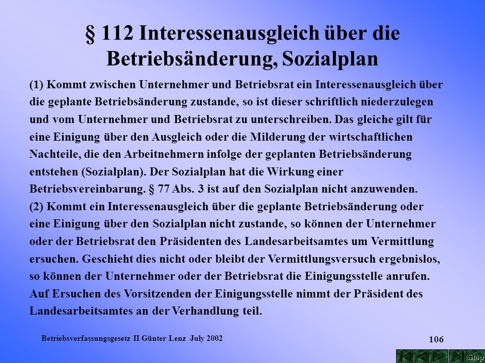 § 112 Interessenausgleich über die Betriebsänderung, Sozialplan
