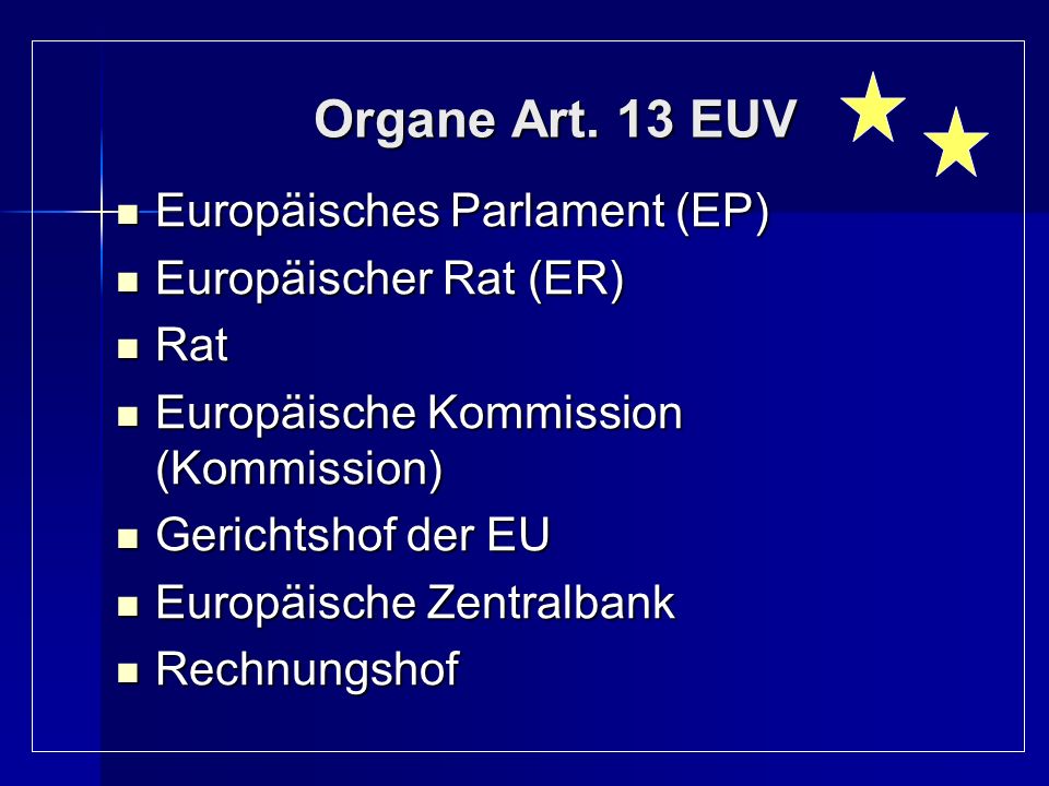 Organe Art. 13 EUV Europäisches Parlament (EP) Europäischer Rat (ER)