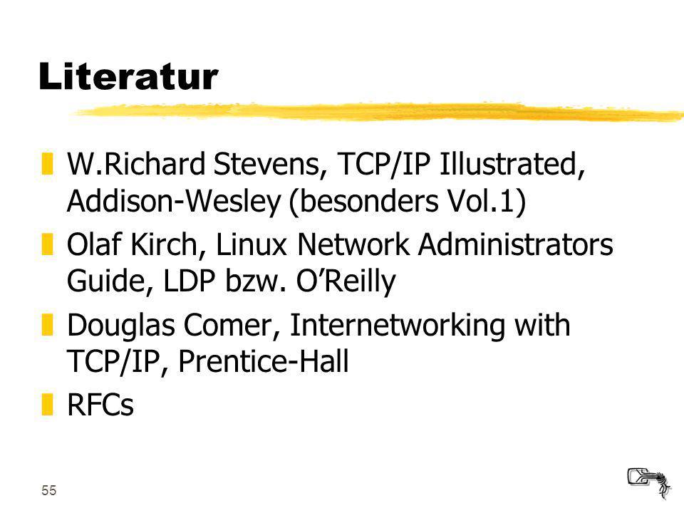 Literatur W.Richard Stevens, TCP/IP Illustrated, Addison-Wesley (besonders Vol.1) Olaf Kirch, Linux Network Administrators Guide, LDP bzw. O’Reilly.
