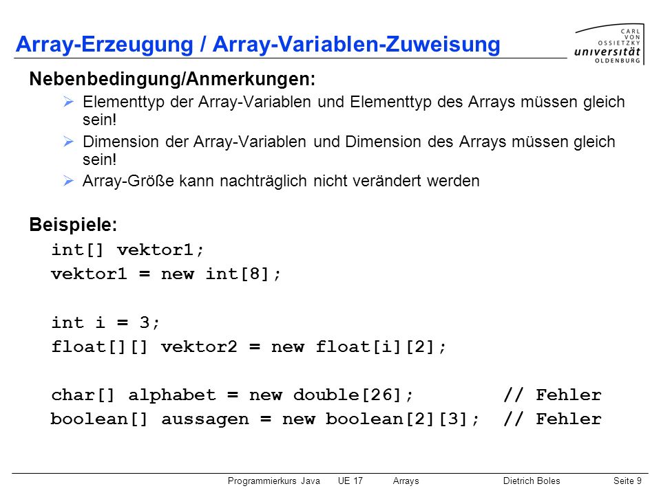 Array-Erzeugung / Array-Variablen-Zuweisung