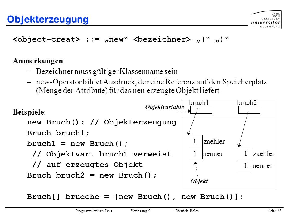 Objekterzeugung <object-creat> ::= „new <bezeichner> „( „) Anmerkungen: Bezeichner muss gültiger Klassenname sein.