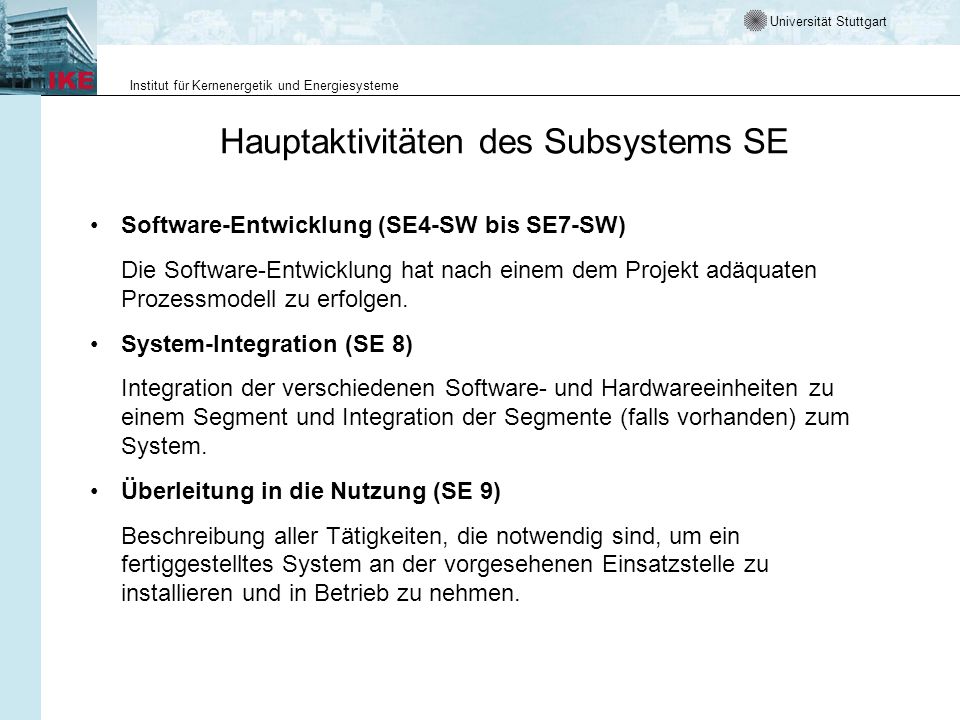 Hauptaktivitäten des Subsystems SE