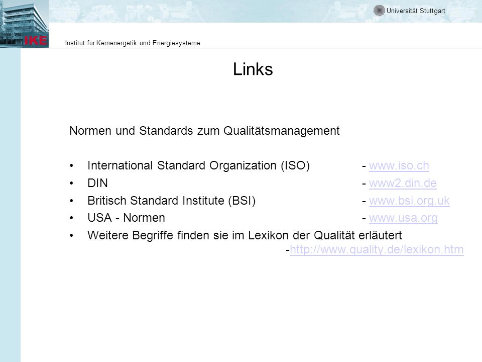 Links Normen und Standards zum Qualitätsmanagement