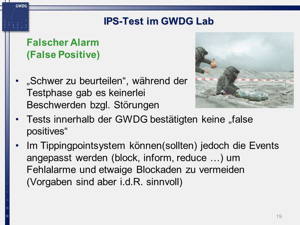 IPS-Test im GWDG Lab Falscher Alarm (False Positive) „Schwer zu beurteilen , während der Testphase gab es keinerlei Beschwerden bzgl. Störungen.