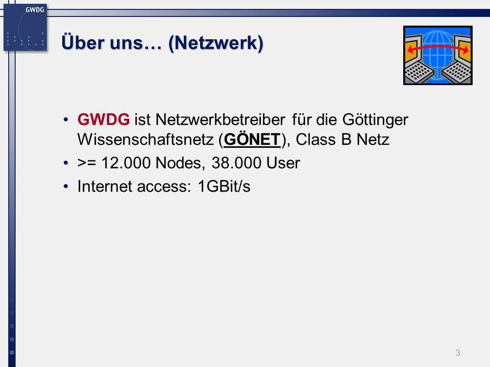 Über uns… (Netzwerk) GWDG ist Netzwerkbetreiber für die Göttinger Wissenschaftsnetz (GÖNET), Class B Netz.