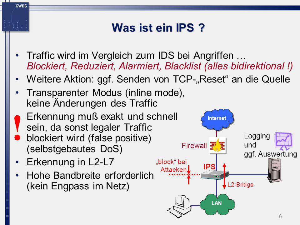 Was ist ein IPS Traffic wird im Vergleich zum IDS bei Angriffen … Blockiert, Reduziert, Alarmiert, Blacklist (alles bidirektional !)