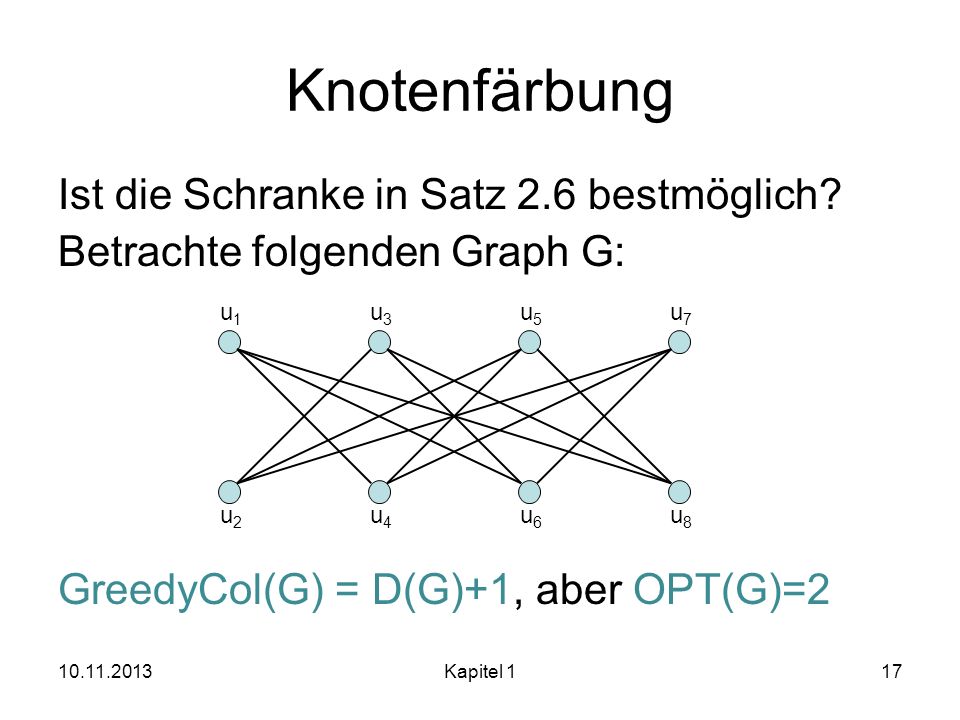 Knotenfärbung Ist die Schranke in Satz 2.6 bestmöglich Betrachte folgenden Graph G: GreedyCol(G) = D(G)+1, aber OPT(G)=2