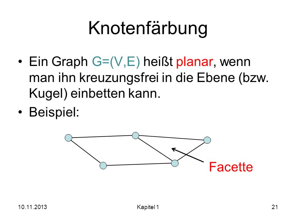 Knotenfärbung Ein Graph G=(V,E) heißt planar, wenn man ihn kreuzungsfrei in die Ebene (bzw. Kugel) einbetten kann.