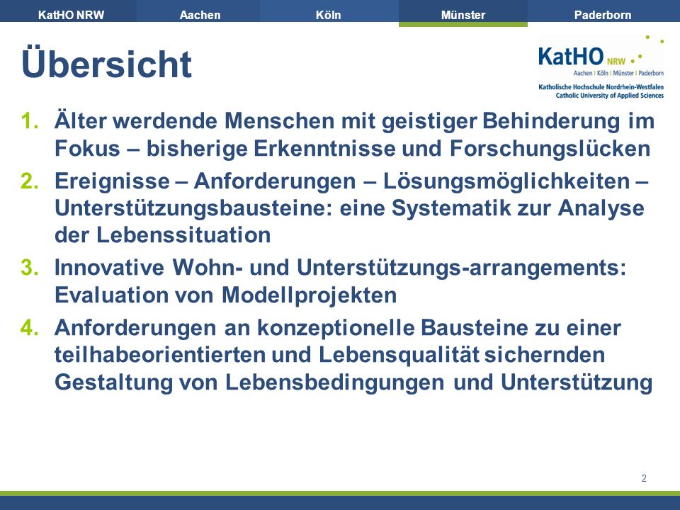 Übersicht Älter werdende Menschen mit geistiger Behinderung im Fokus – bisherige Erkenntnisse und Forschungslücken.