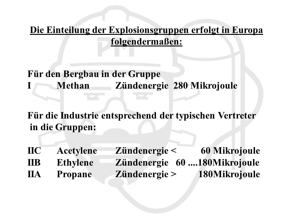Die Einteilung der Explosionsgruppen erfolgt in Europa folgendermaßen: