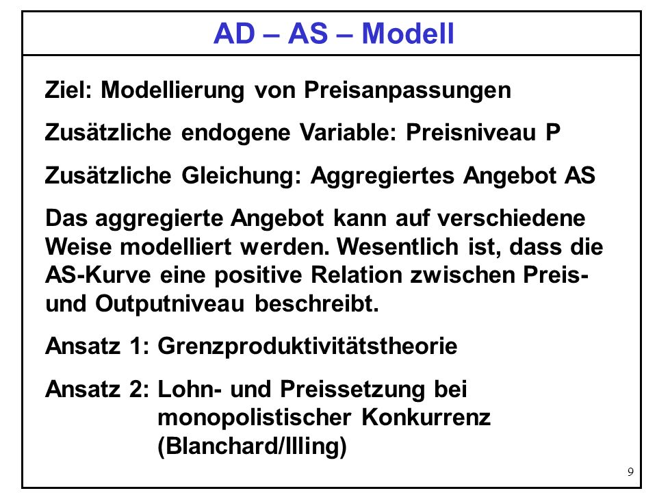 AD – AS – Modell Ziel: Modellierung von Preisanpassungen