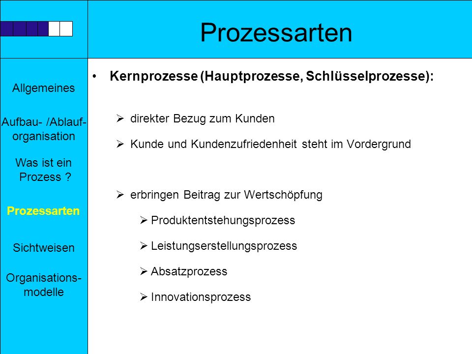 Prozessarten Kernprozesse (Hauptprozesse, Schlüsselprozesse):