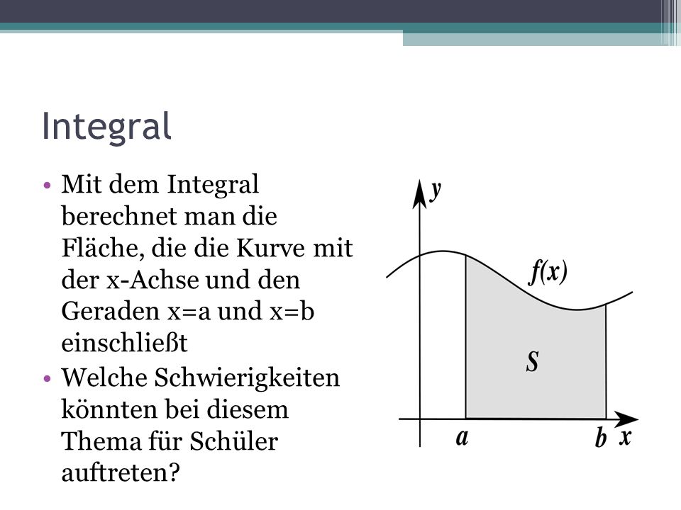 Integral Mit dem Integral berechnet man die Fläche, die die Kurve mit der x-Achse und den Geraden x=a und x=b einschließt.