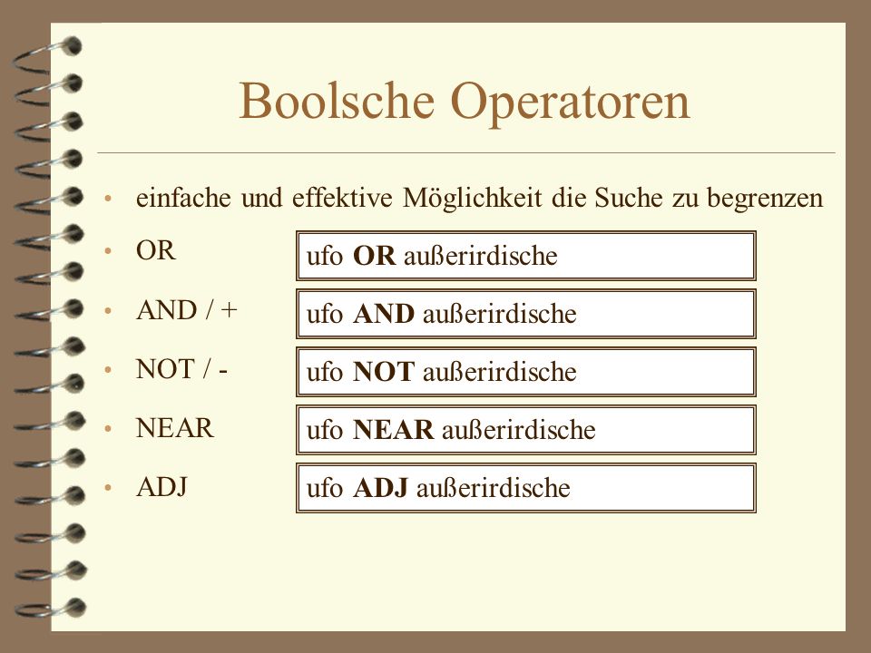 Boolsche Operatoren einfache und effektive Möglichkeit die Suche zu begrenzen. OR. AND / + NOT / -