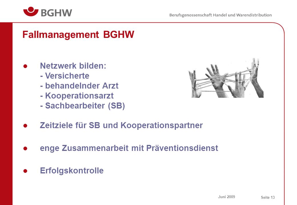 Fallmanagement BGHW Netzwerk bilden: - Versicherte - behandelnder Arzt - Kooperationsarzt - Sachbearbeiter (SB)